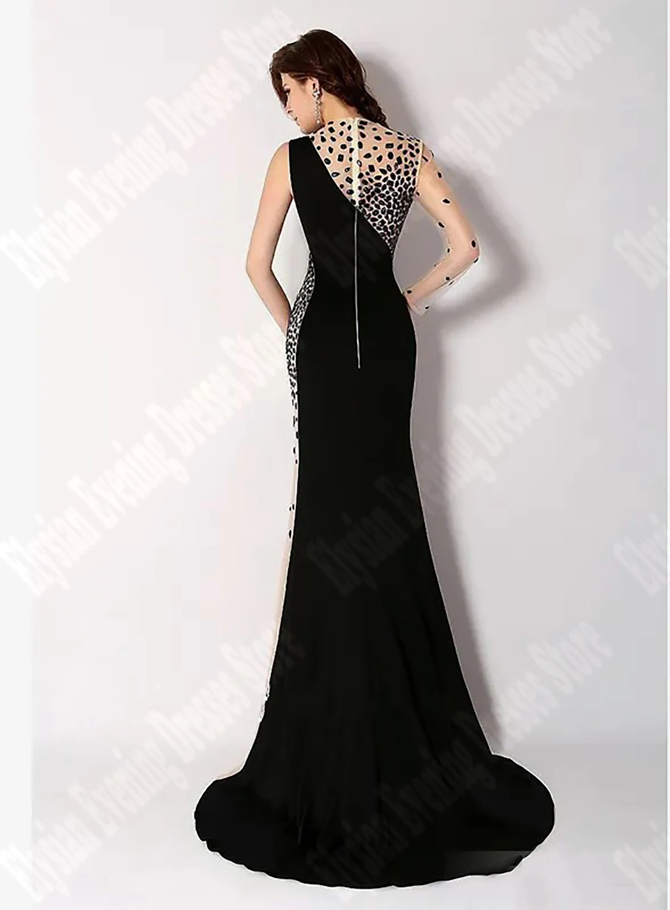 Black Slim Fit Round Neck Evening Dresses Sheer Pleated Spot One Shoulder Sleeve Party Gowns Simple Style Lady Vestidos De Noche