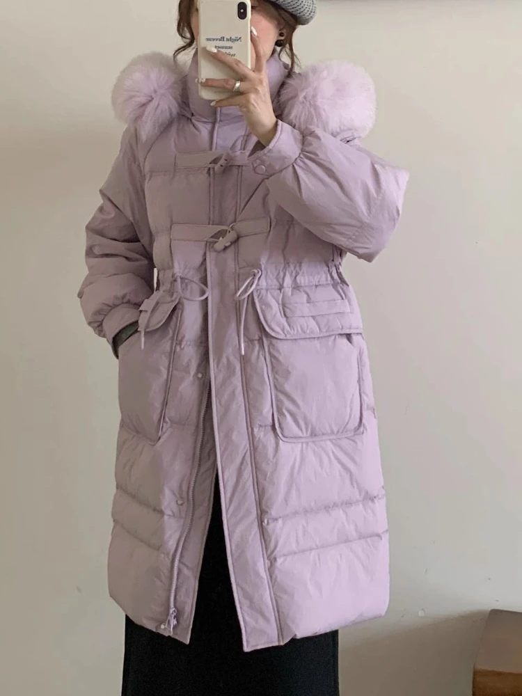 

90% White Duck Down Jacket Women Outerwear Long Puffer Coat Winter Big Fur Collar Hooded Parkas Female Loose Thick Snow Clothing