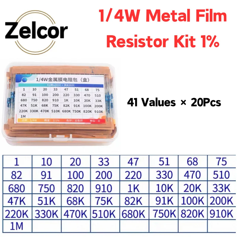 2600pcs Metal Film Resistors Assorted Pack 130 Values 1/4W 0.25W 1% Fixed Resistor Kit Set Metal Film Resistors Assorted