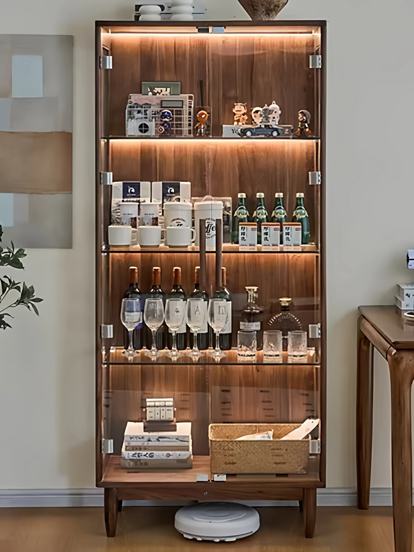 Nordic all-solid wood bookcase, North American black walnut figure glass display household wine cabinet