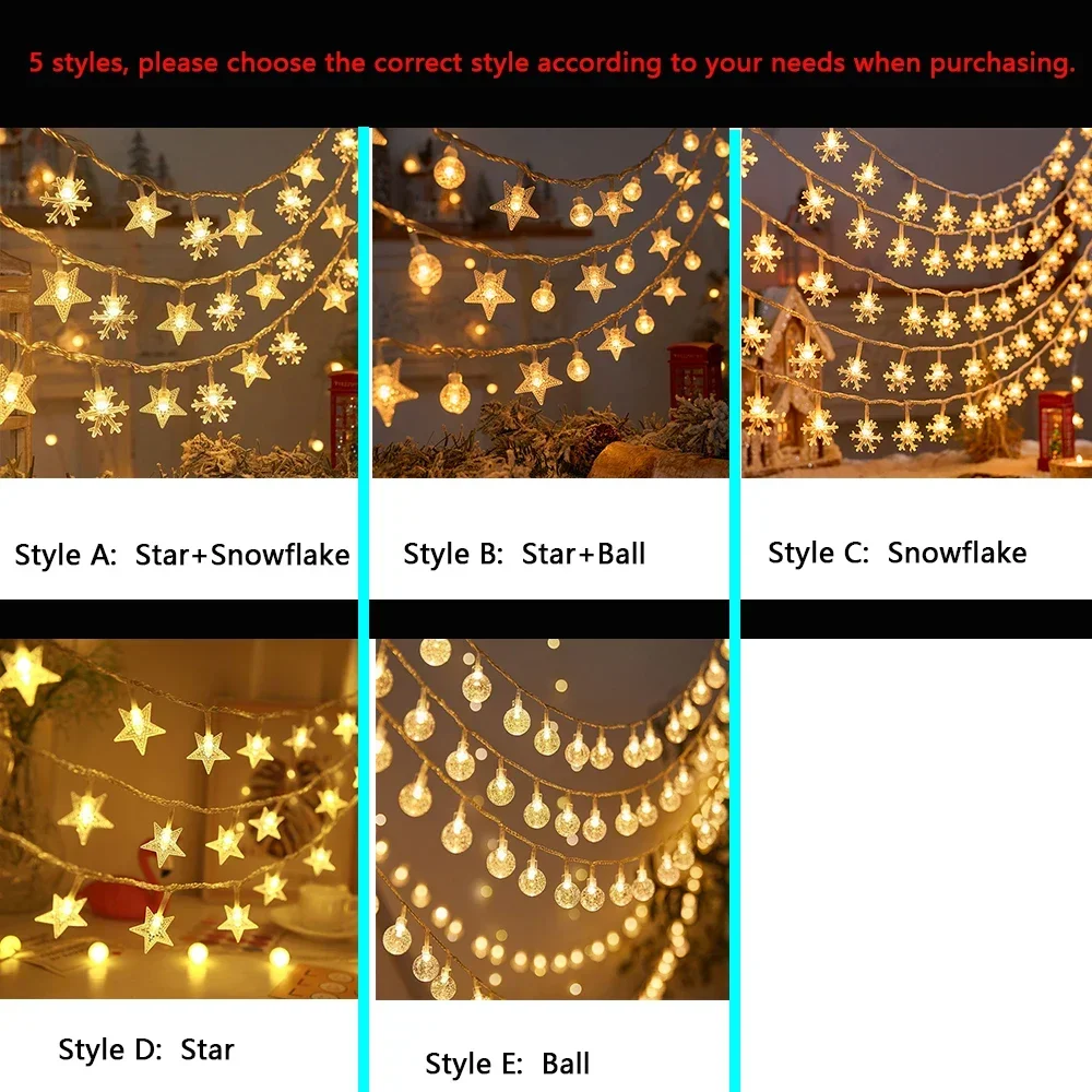 Battery/USB Plug  Snowflake Star Christmas Tree Lights 1-50M LED Fairy String Garland Outdoor  Holiday 2024 New Year Decoration