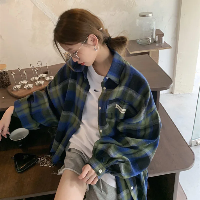 Zoki Vintage Harajuku Women Plaid Shirts Oversize Korean Students Lazy Wind Blouse Female Casual Long Sleeve Y2K Tops