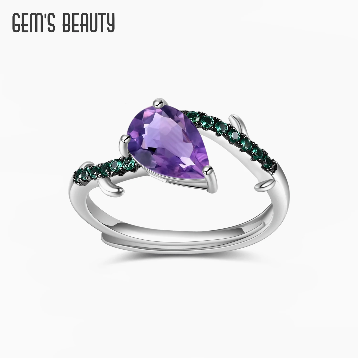 

GEM'S BEAUTY 925 Sterling Silver Gemstone Statement Ring Handmade Adjustable Rings For Women with Pear Shape Natural Amethyst