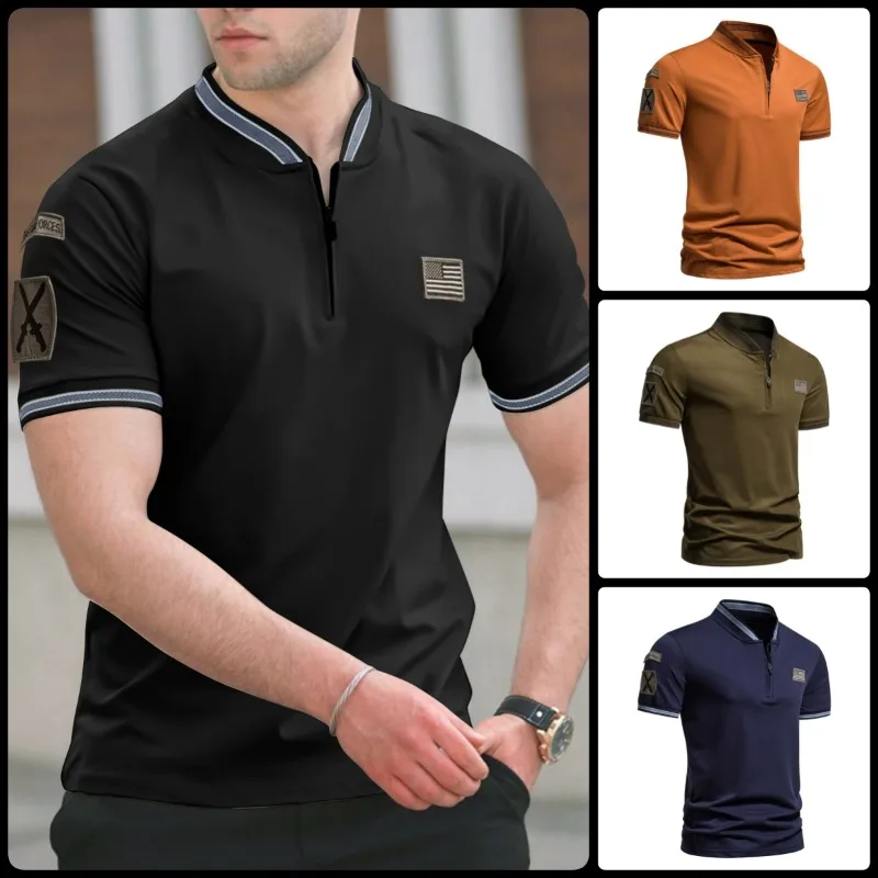 4Colors! 2024 New Summer Military Style Men's Zipper Short Sleeve Polo T-shirt Men Clothing