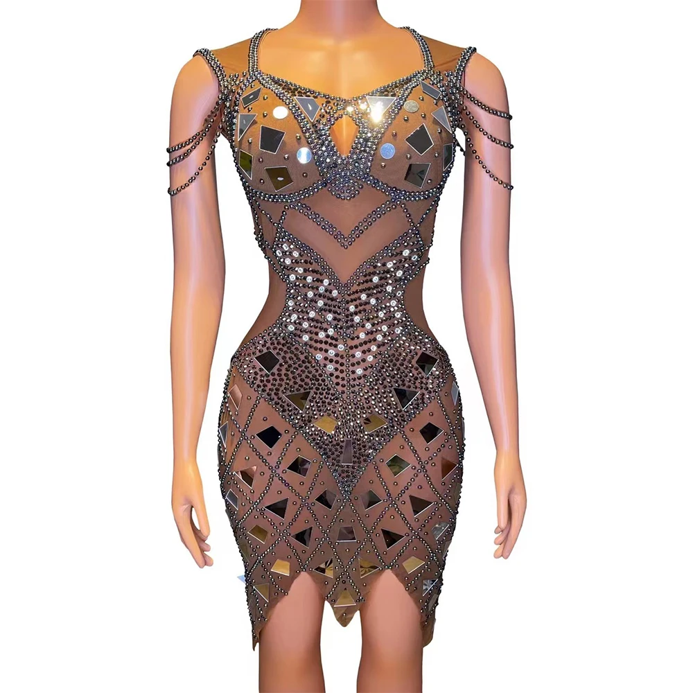 Sexy Stage Celebrate Sequined Rhinestone Dress Women Night Clubwear Photoshoot Props Hot Drilling Drag Queen Photoshoot Costume