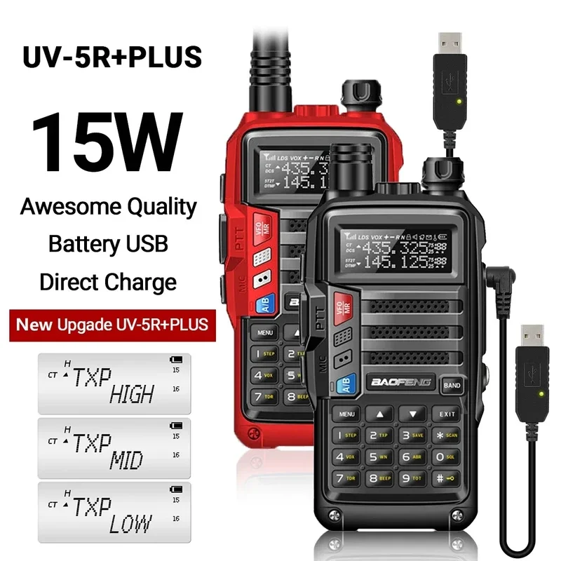 

Baofeng UV-5R plus 15W UHF/VHF tri-power walkie talkie 50 km USB long range upgrade of UV 5R UV-10R S9 Plus two way radio