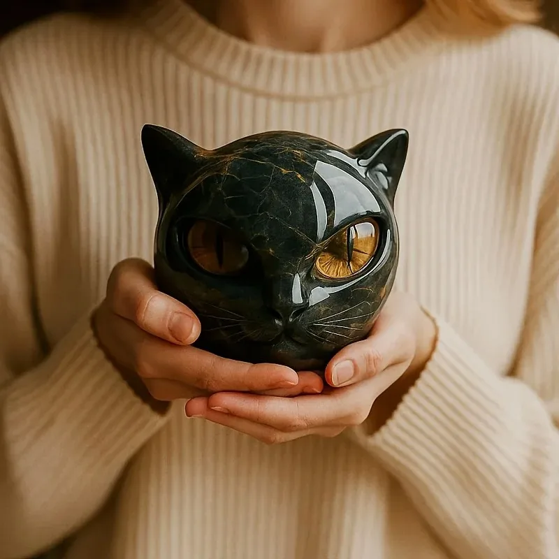 Black Cat Figurine Resin Cat Head Healing Stone Marble Texture Cat Stone Resin Cat Sculpture Ornament for Home Office Desk Decor