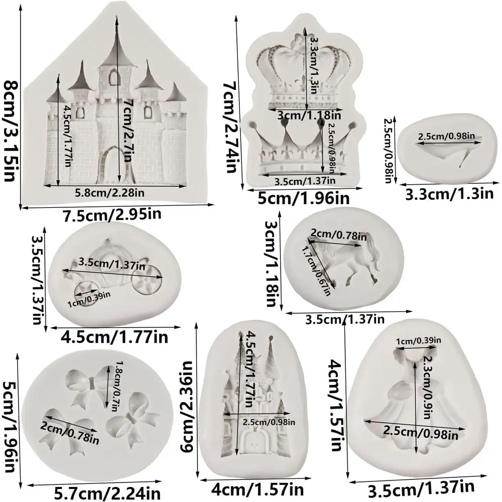 Themed Silicone Castle Crystal Shoes Pumpkin Carriage Crown Bow Mold or Cake Decorating Cupcake Topper Polymer Clay Gum Paste Se