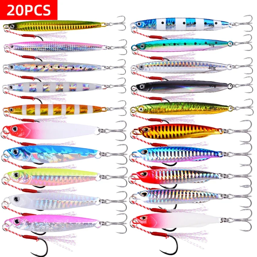 

20PCS Casting Metal Jigs Fishing Lures Kit 10G 20G 28G 30G 60G Shore Cast Jigging Spoon Jig Sea Fishing Lures Jigging for Tuna