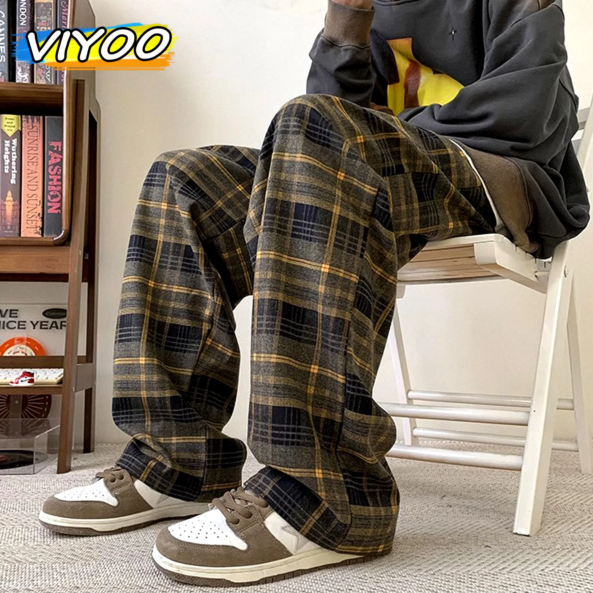 

Women Men's y2k Casual Plaid Pants Sweatpants Wide Leg Baggy Track Pants Vintage Korean Style Clothes Trousers Streetwear Men