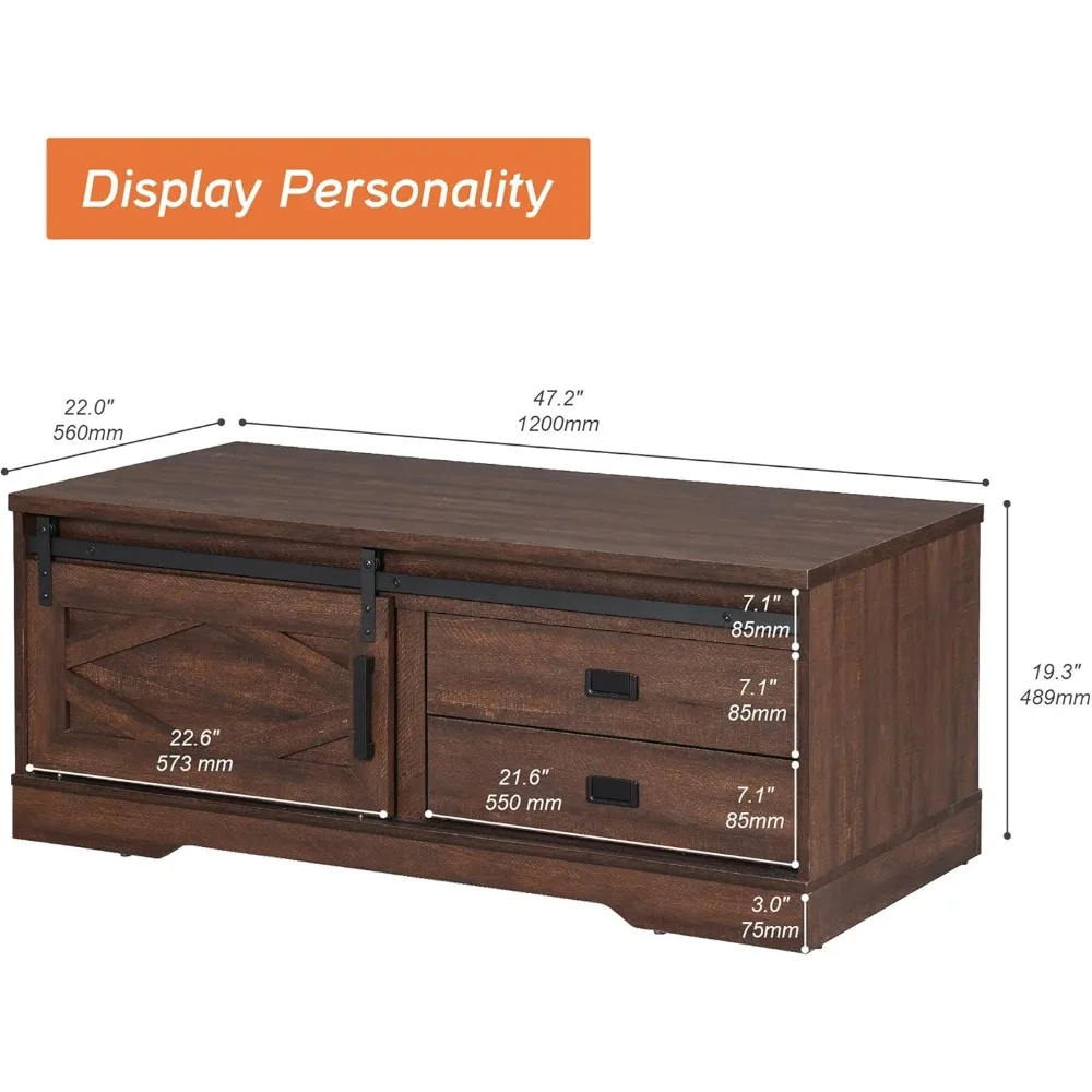 Rectangle Coffee Table with Storage for Living Room,47.2x22 Inch Dining Center Table with Sliding Barn Door and 2 Drawers