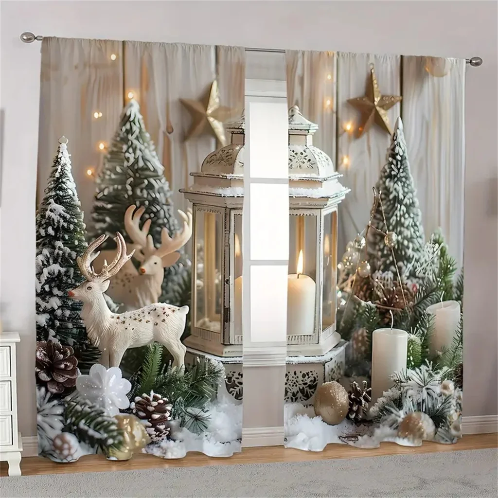 2pcs Classic Christmas Lantern Trees Elk Print Curtains Hand Washable,Hookless Rod Pocket For Living room Bedroom Kitchen Office