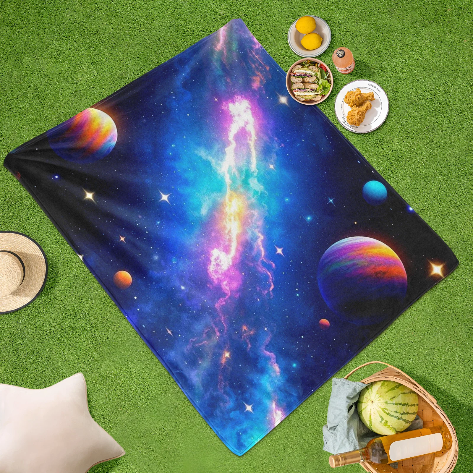 Galaxy And Blue Purple Planet Sci Fi Starry Sky Themed Outdoor Blanket For Nighttime Stargazing And Cosmic Adventure Experiences