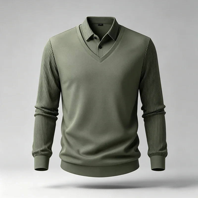 Male V Neck Fake Two Piece Top Ribbed Texture Long Sleeve Shirt Collar Detail For Outdoor Walking And Weekend Leisure Occasions