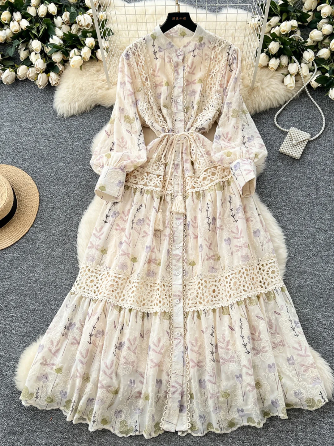 

Croysier Spring Long Sleeve Tie Belt Vintage Elegant Floral Print Dress Retro Fashion Cutwork Embroidery Long Dresses For Women