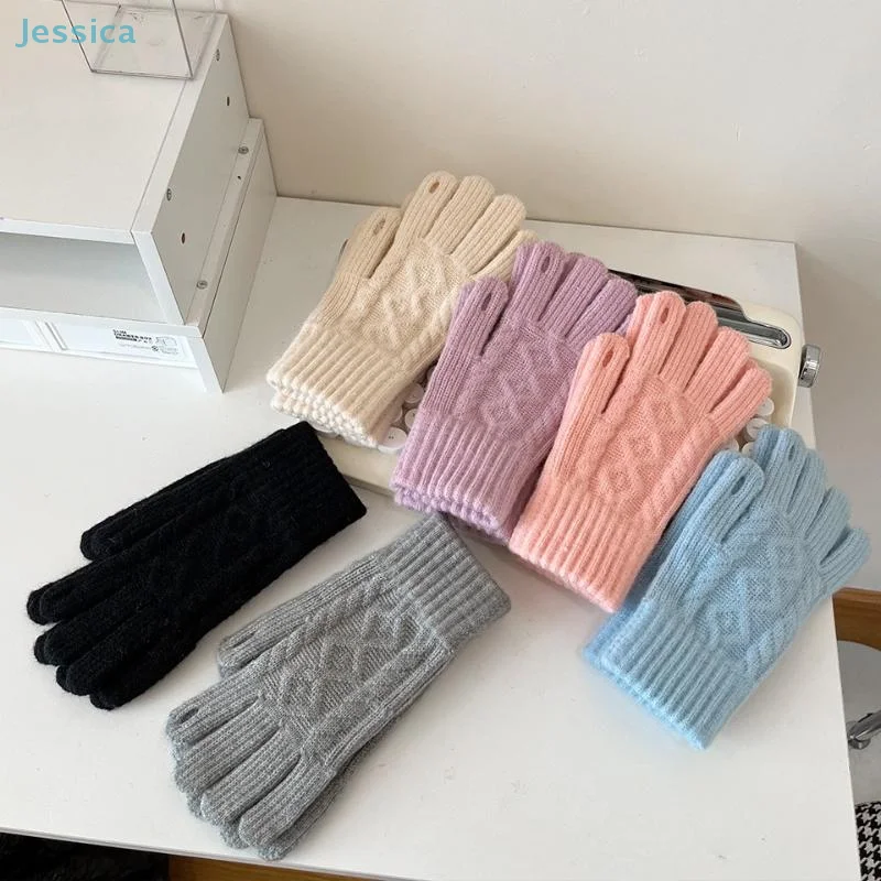 

♥ Модные вязаные теплые перчатки, утепленные варежки с сенсорным экраном, эластичные однотонные перчатки на все пальцы для женщин и девочек