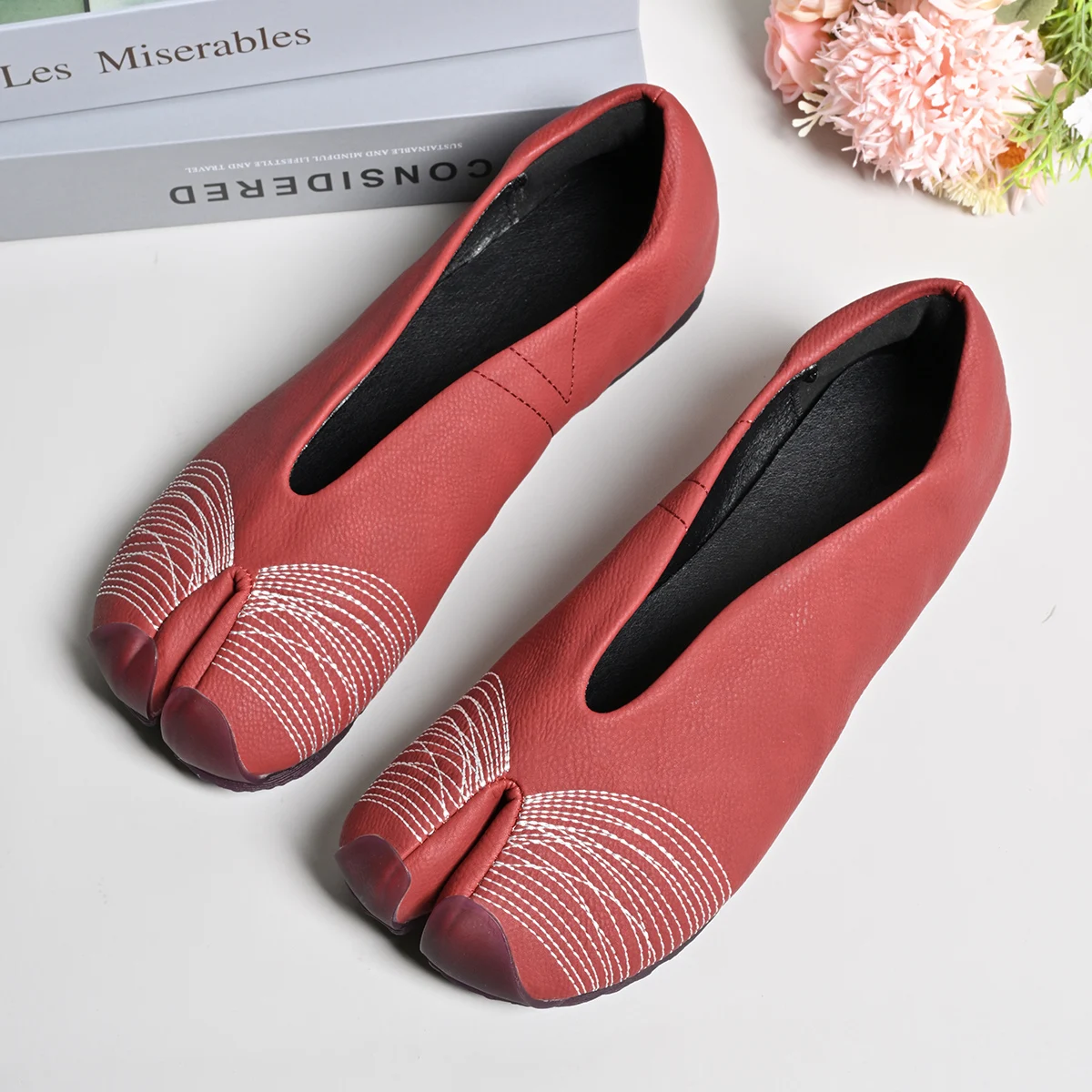 Spring Autumn Microfiber Leather Split Toe Women Loafers Fashion Pleated Designer Low Heeled Tabi Soft Soles Flats Casual Shoes image 5