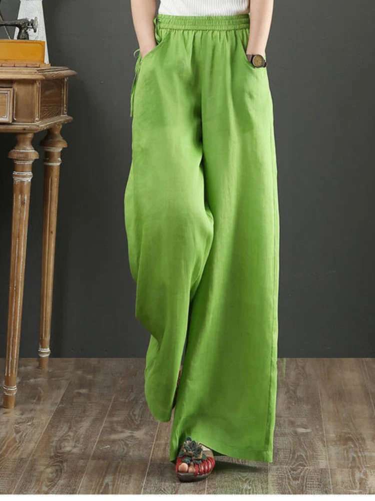 Pantaloni estivi a gamba larga in cotone e lino sottile da donna Pantaloni casual drappeggiati larghi a taglio dritto Pantaloni lunghi a vita alta per pendolari Sle