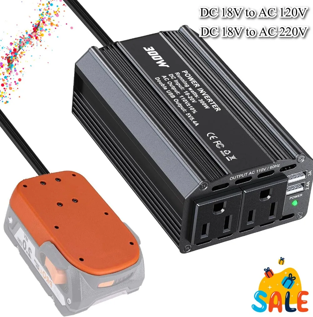 

Инвертор мощности 300 Вт от 18 В постоянного тока до 220 В переменного тока 120 В для аккумуляторных инверторов Ridgid 18 В, портативный генератор электростанций с 2 портативными электростанциями переменного тока 2 USB