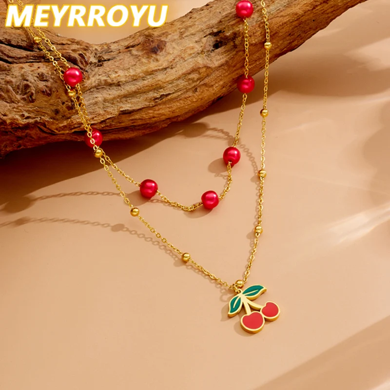 MEYRROYU 316L Stainless Steel Red Bead Plant Cherry Double Layer Necklace For Womens New Trend Fashion Neck Chain Jewelry Gift