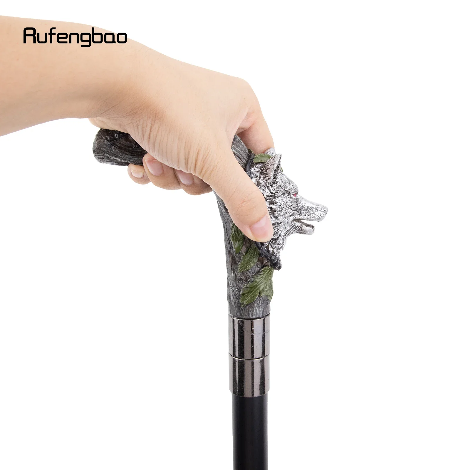 Silver Resin Wolf Head Tree Root Walking Cane Stick for Cosplay Everyday Use with Deluxe Box 93cm Performance Stage Cane