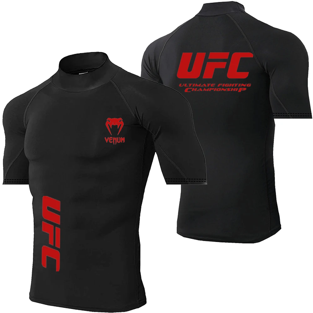 UFC Men's Compression Top Fitness Shirt Men's Fitness Tight Shirt Sports T-shirt Quick drying Fitness Running Shirt Short Sleeve