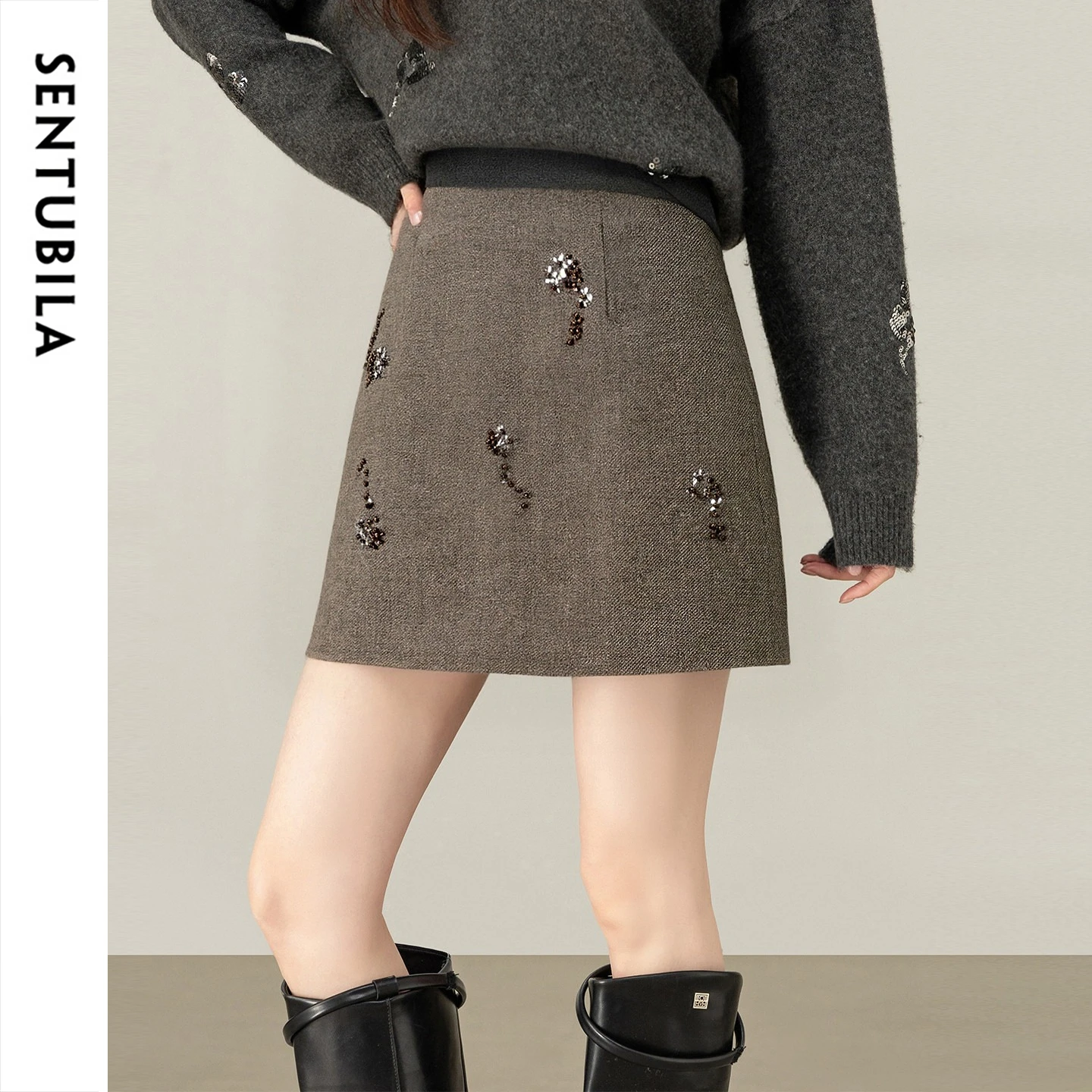 SENTUBILA Women's Wool Blend Coffee Mini Skirt 2026 Winter Ladies Elegant Short Skirt for Woman Female Clothes 154QF3416
