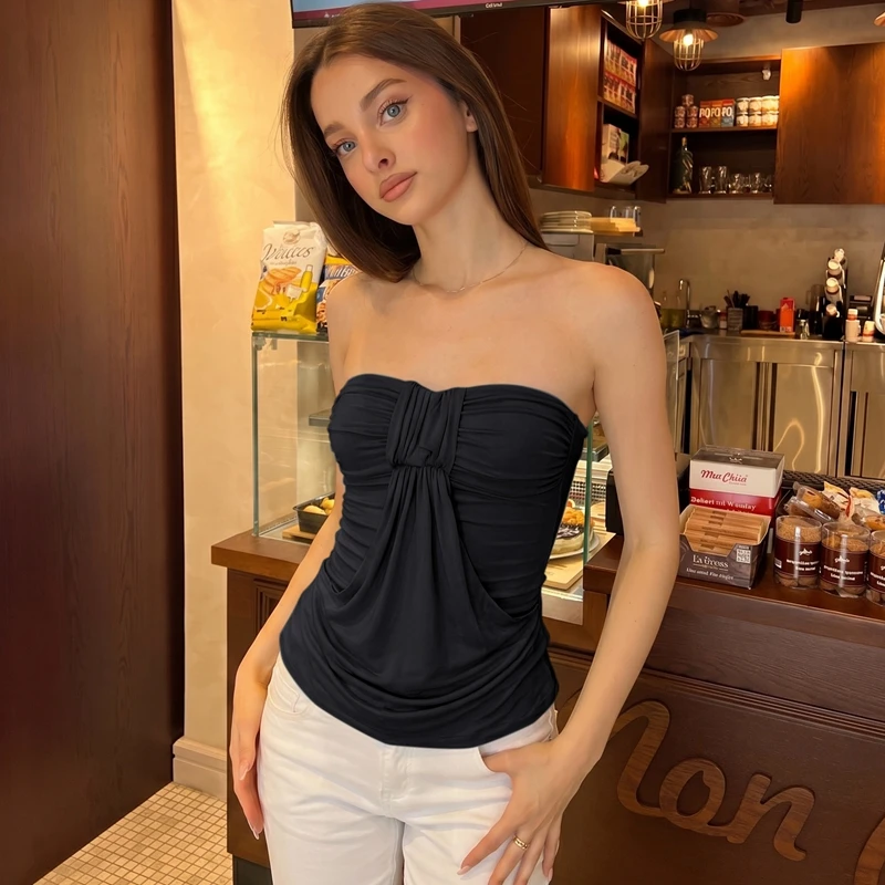 Hugcitar Modisches Trägerloses Einfarbiges Gerafftes Drapiertes Sexy Crop-Top für Damen, Sommerliche Freizeitkleidung, Streetwear, Party- und Urlaubs-T-Shirts – Detail 22