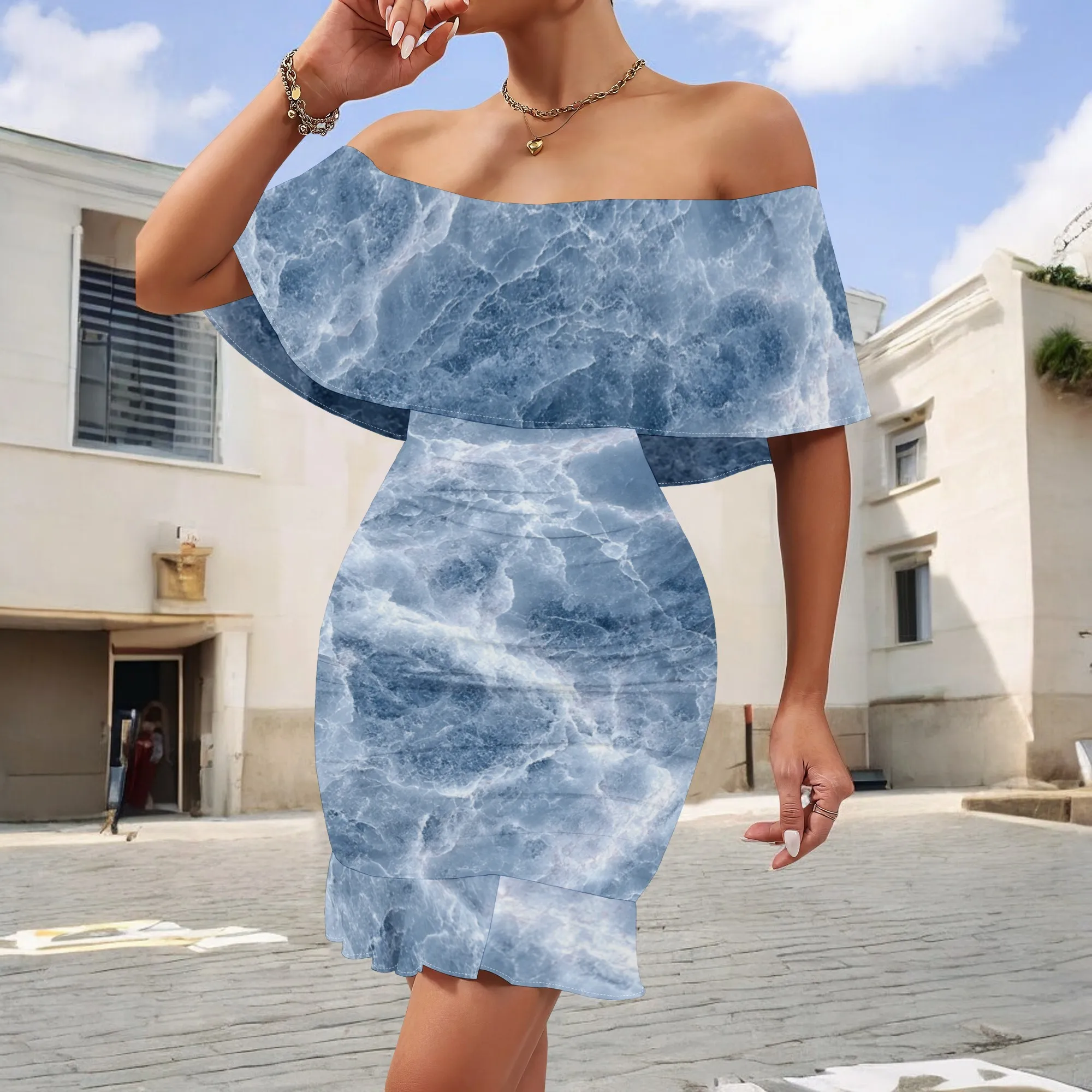 

Women's Off Shoulder Bodycon Mini Dress S-3XL Ruffle Sleeve Ocean Wave Print Elegant Summer Beach Vacation Party Club Outfit