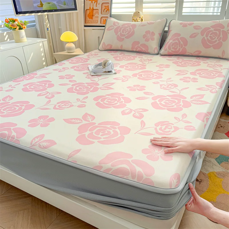 

Flower Print Bedsheet Queen/King Size Bed Cover Skin-friendly Fitted Sheet Home Mattress Protector 쿨링매트 (Pillowcase Need Order)