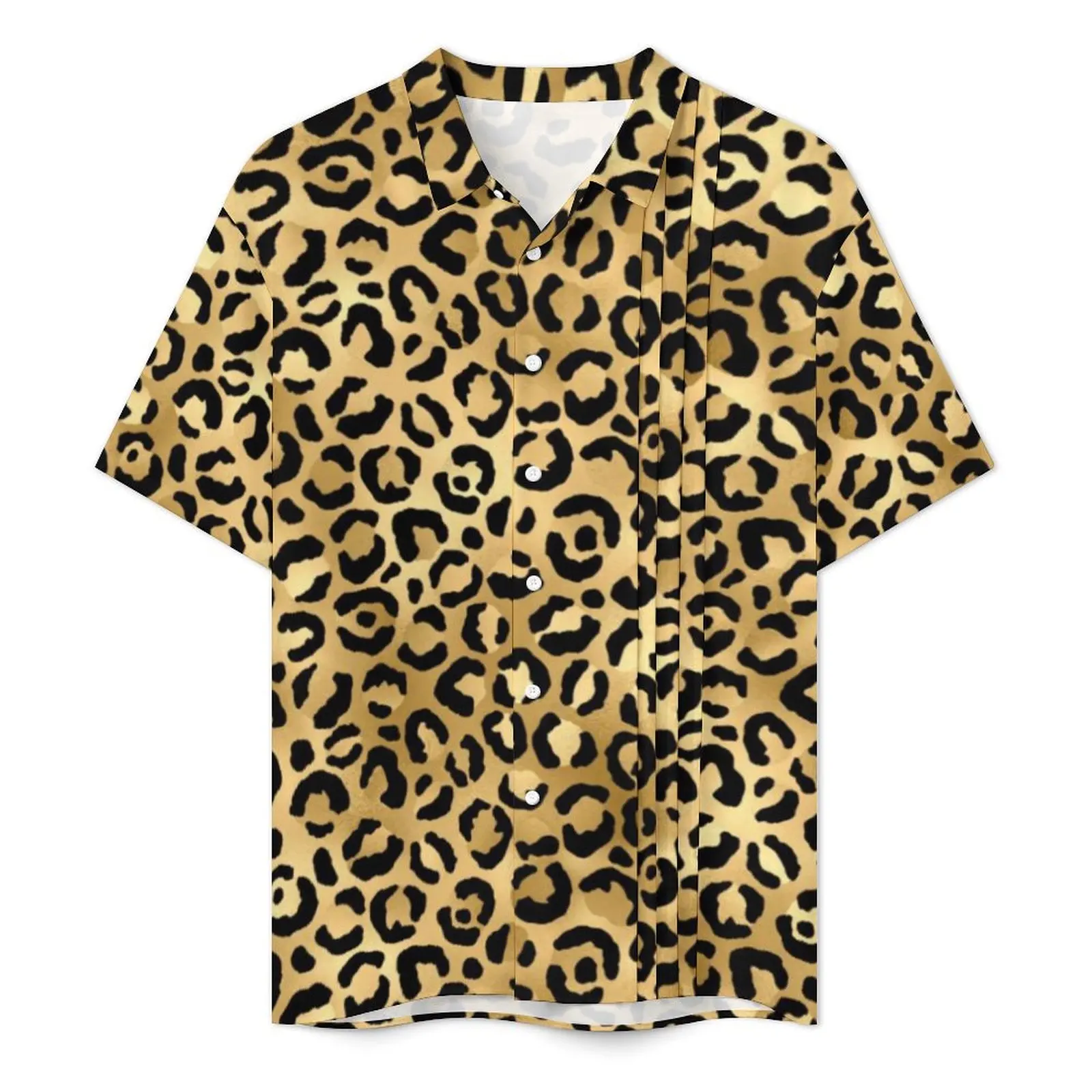 Camisa masculina de praia leopardo preta dourada, camisas casuais Cheetah Animal Vintage, streetwear de manga curta verão, blusas extragrandes com gráfico