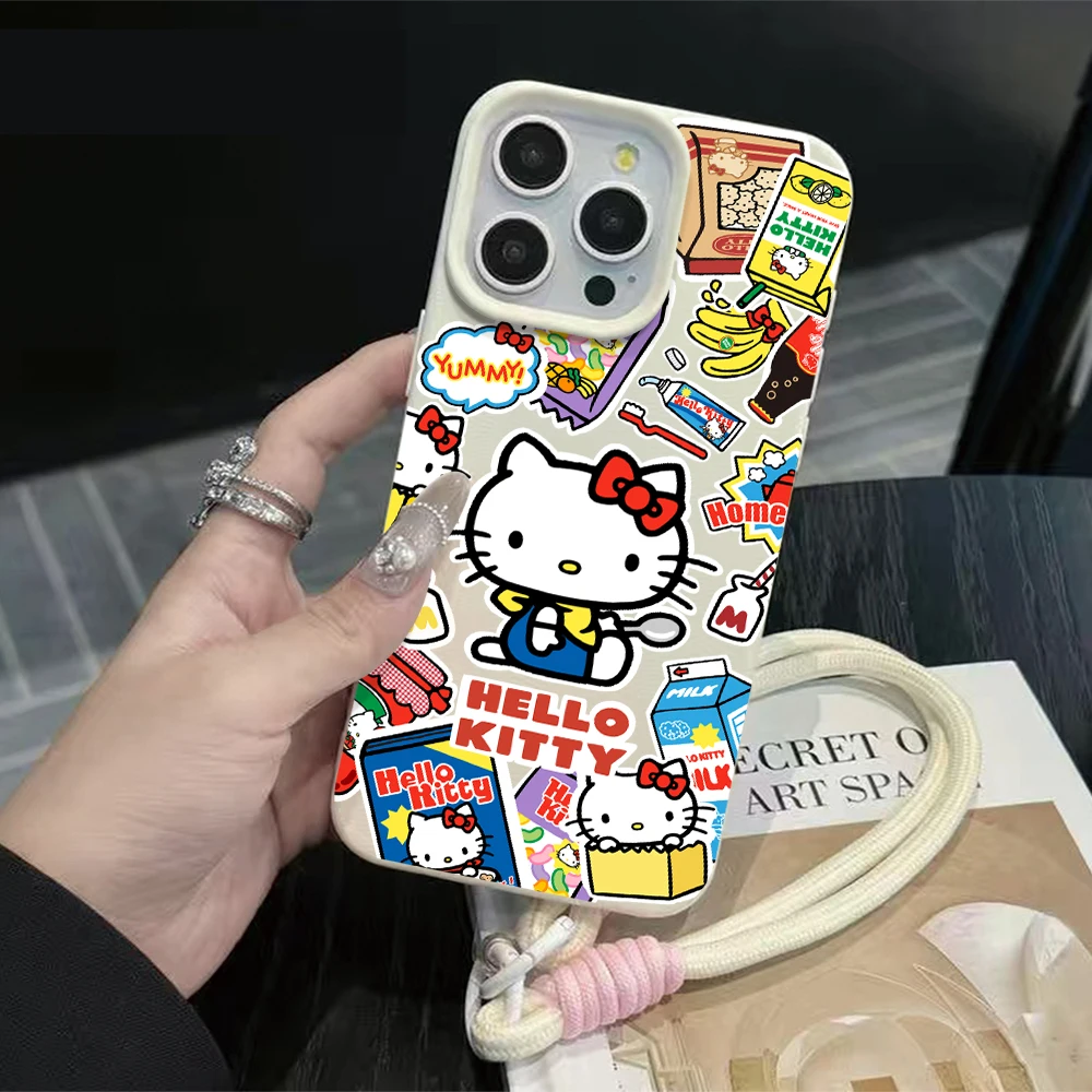 Luxury Snacks Hello Kitty Lichee Pattern Lanyard Phone Case For iPhone 16 Air 17 15 14 13 12 11 Pro Max XS X XR 17Pro Soft Cover