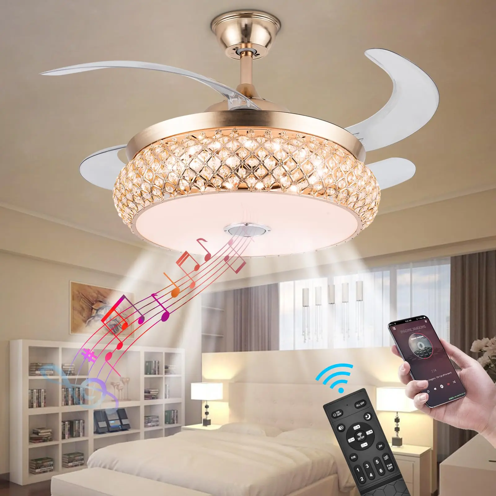 42 Inch Retractable Invisible Ceiling Fan with Light and Bluetooth Speaker, Remote Control & 3 Color Change 36W LED