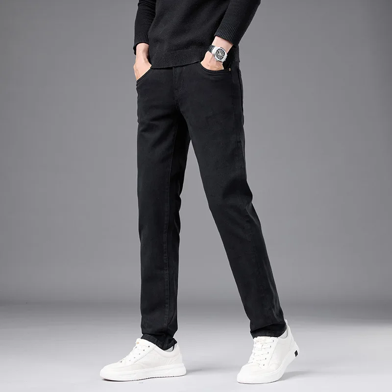 High end outono novos jeans masculinos 2025 na moda magro ajuste tubo reto elástico versátil casual preto calças compridas