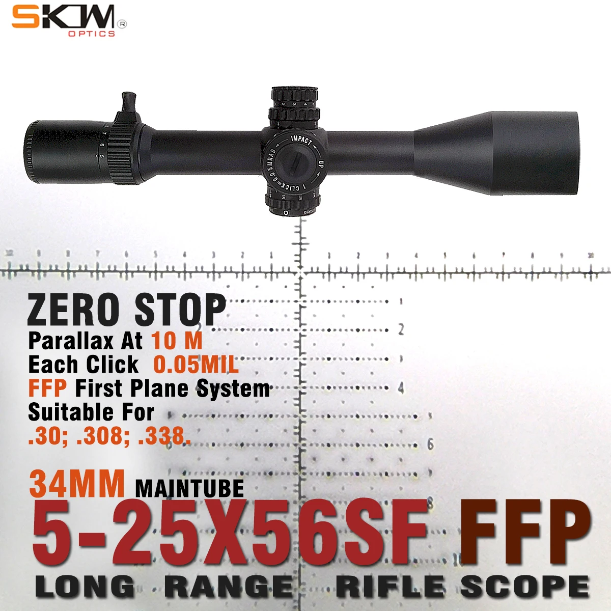 SKWoptics-First Focal Plane Rifle Scope FFP, Long Range 34mm Ring, 0.05MIL Hunting, F-Class, 5-25x56 FFP