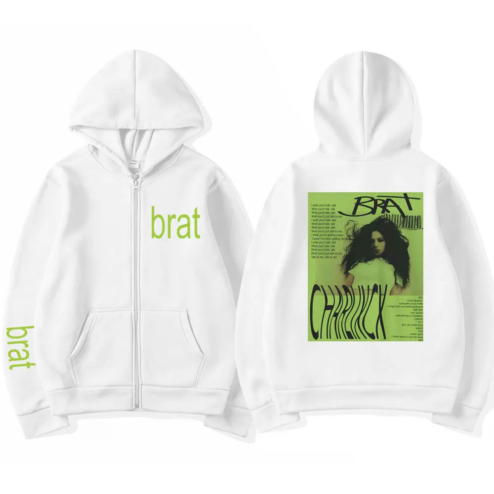 Charli Xcx Brat 2024 New Album Zip Up Hoodies Men's Women's Vintage Fashion Y2k Clothes Casual Loose Zipper Tracksuit Streetwear