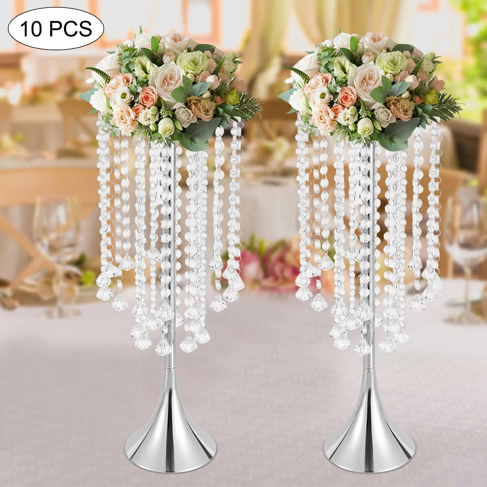 10Pcs Wedding Centerpieces Props Flower Stand on Floor Luxurious Crystal Tall Metal Flower Arrangement Stand Trumpet Vase 21.9