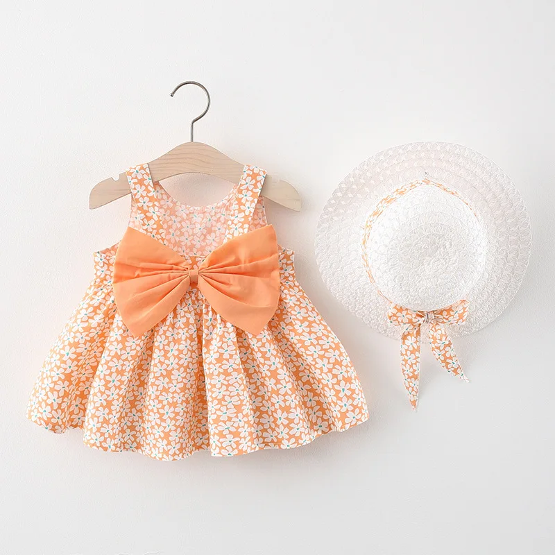 2pcs Summer Baby Girls Beach Princess Dress Cute Bow Flowers Sleeveless Cotton Toddler Dresses+Sunhat Newborn Clothing Set