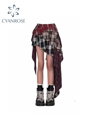 Women Patchwork A-line Plaid Skirt Vintage Y2k Asymmetrical Skirt Aesthetic Harajuku Korean Elegant Skirts 2000s Clothes Summer