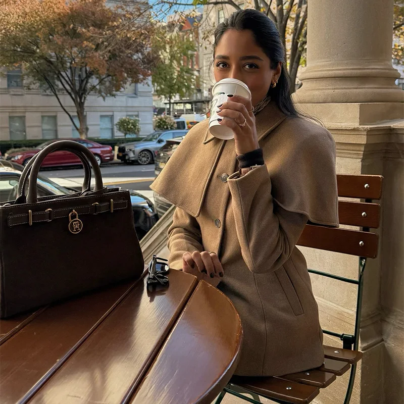 

Female Trendy Classical Casual Formal Party Wool Coat Elegant Lapel Wide Shoulder Warm Tops Cinching Waist Shawl Commuter Jacket