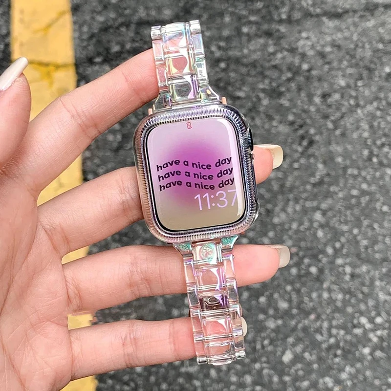 Rainbow Laser Transparent Band For Apple Watch 9 8 41mm 45 38 40 42 44 49mm Glacier Strap Women Bracelet For iWatch SE 7 6 5 4 3