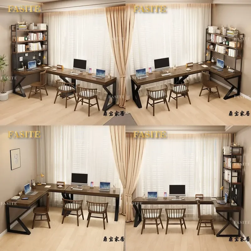 Solid Wood L Shaped Corner Desk with Bookshelf Integrated Wall Mounted Computer Table for Home Office Study Double