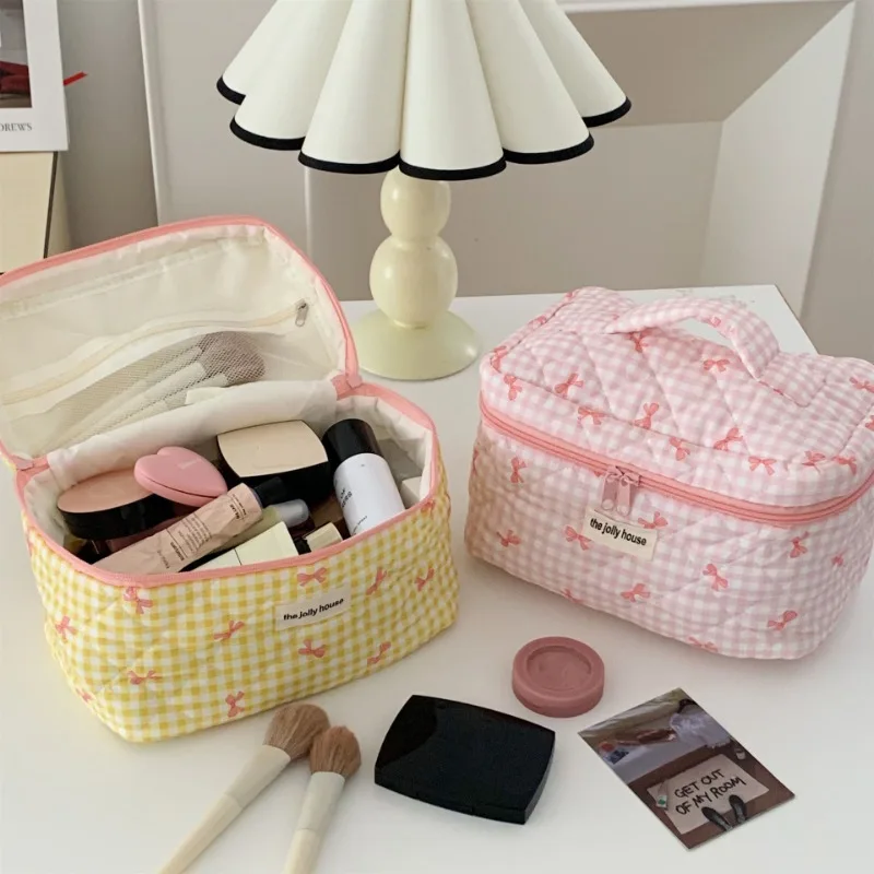 Plaid Bow Cotton Makeup Bag Women Zipper Cosmetic Organizer borsa in tessuto femminile a forma di scatola Tote Makeup Toiletry Case per ragazze