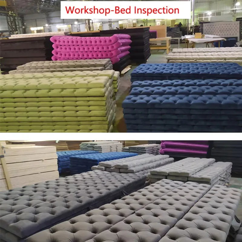 سرير خشبي من القماش المخملي المزدوج بحجم كينج كوين الحديث مع مدفأة مع مدفأة مع مصعد تلفزيون