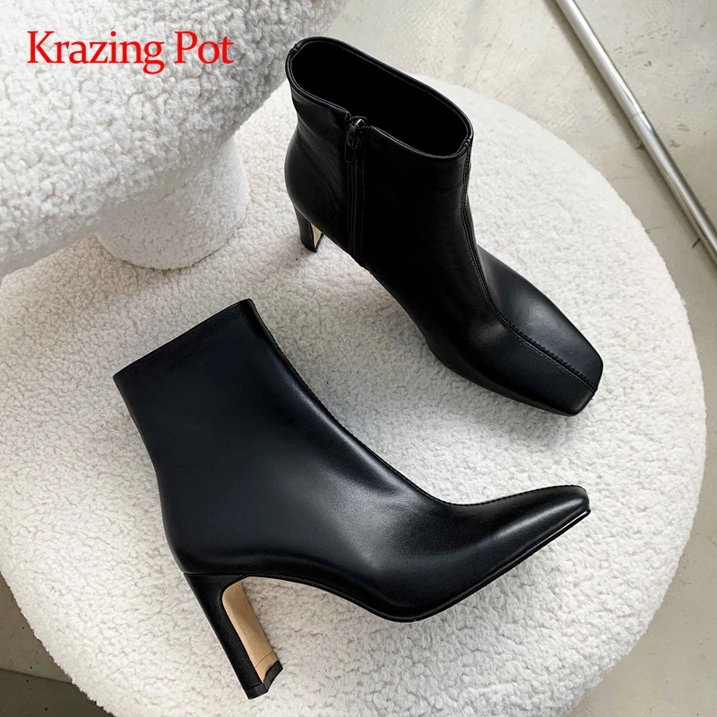 Krazing Pot Chelsea Boots Real Leather Stone Pattern High Street Fashion Square Toe Thick High Heel Zip Gorgeous Ankle Boots L61