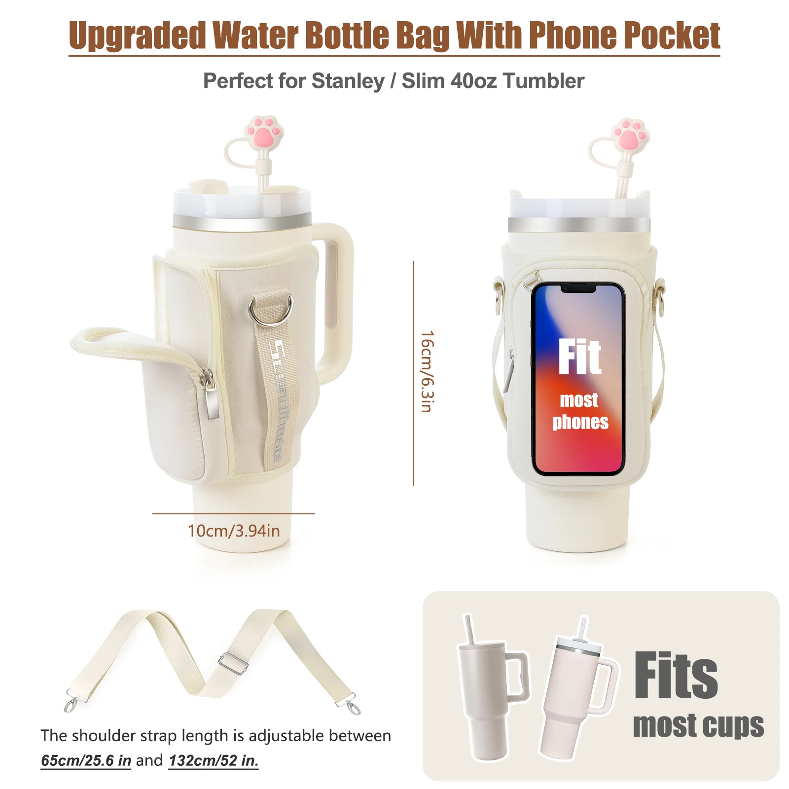 Sac à bandoulière pour bouteille d\'eau d\'extérieur, sac de voyage, camping, randonnée, Electrolux, poudres pour téléphone, tasse Stanley Quencher