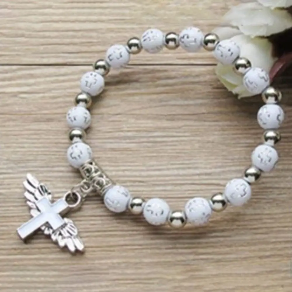 Gift Acrylic Angel Wing Cross Bracelet Fashion Jewelry Bead Chain First Communion Christening Religious Gift