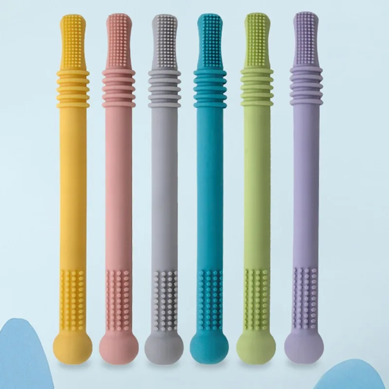 Long Tube Teether Toy Infants Baby Safety Teething Stick Food Grade Silicone Chewing Biting Toys Soft Chewy Molar Tube Bar