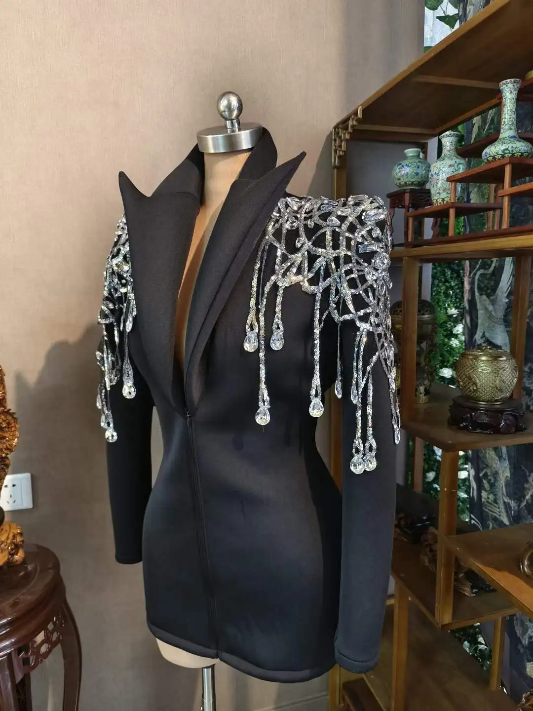 Blazer de Style Futuriste avec Franges Strass pour Femme, Tenue de Drag Queen, Costume de Performance de Chanteur de Scène, Noir, Anniversaire,