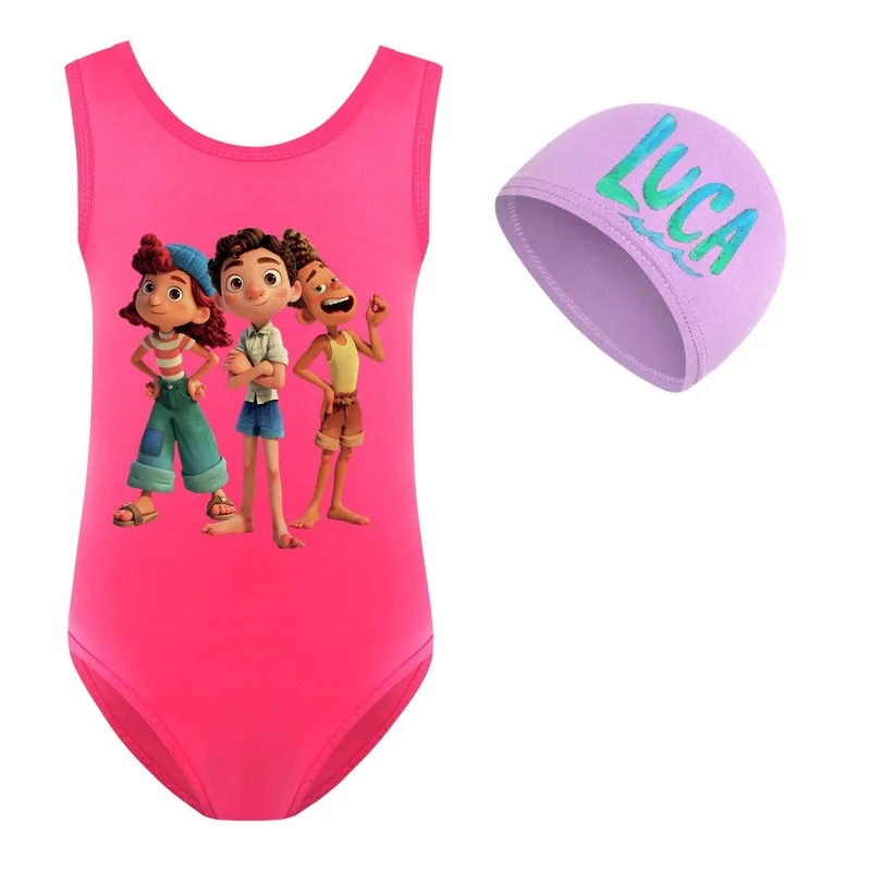 

New luca Girl Swimwear with Swim Hats Cartoon Swimsuit Swimming Beach Bathing Bikini Cute Summer One-piece Swimming Costume